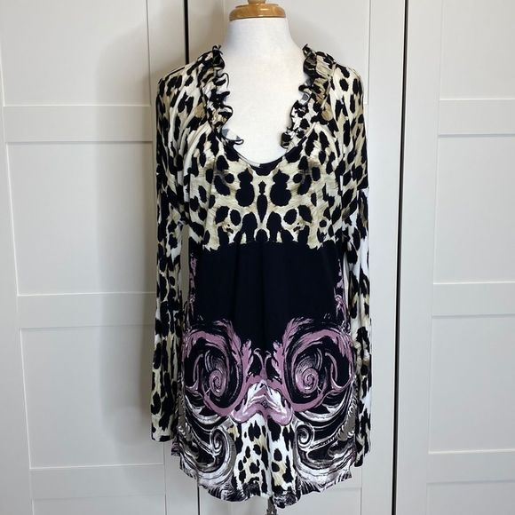 Roberto Cavalli Tops - Roberto Cavalli Animal Print Ruffle Tunic Top XL